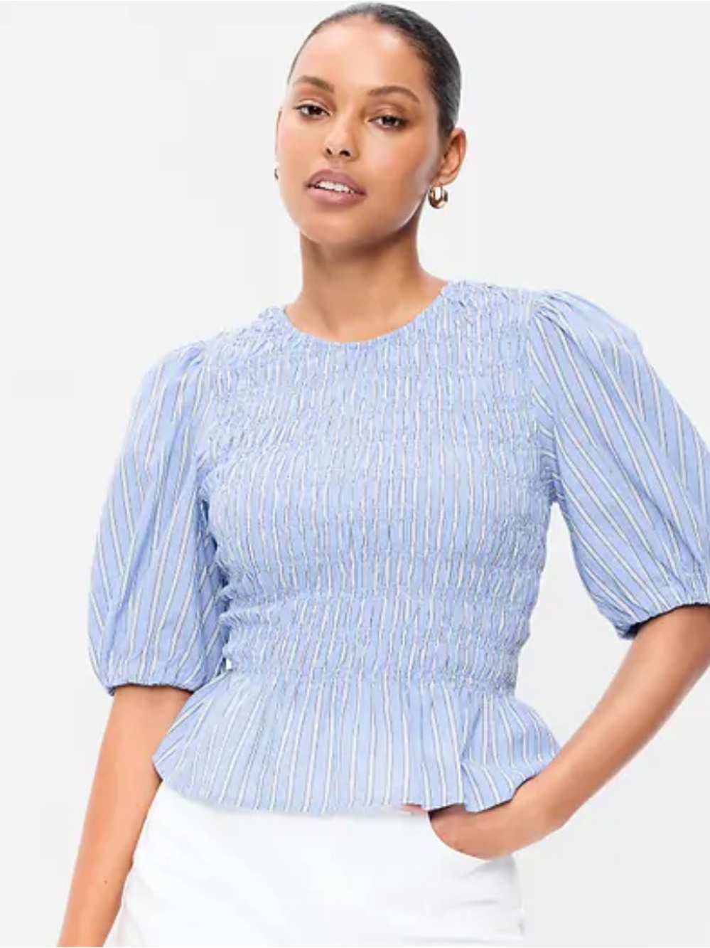 EUC Old Navy Blue Striped Puff Sleeve Smocked Peplum Top